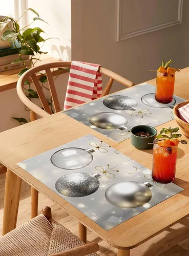 Vista 5 de Juego de 6 manteles individuales de bolas de Navidad para mesa de comedor, paño de lino de algodón para mesa cuadrada/rectangular/redonda