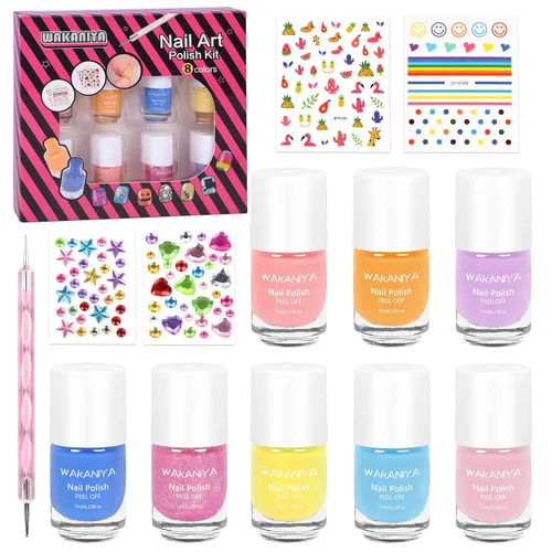 Vista 6 de wakaniya Kit de esmalte de uñas para niños, no tóxico, secado rápido, despegable, mini esmalte de uñas para niños pequeños con calcomanías de gemas