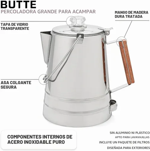 Vista 2 de COLETTI Cafetera de Café Percolador para Acampar Butte — Cafetera de Café Percolador, SIN Aluminio ni Plástico [14 Tazas]