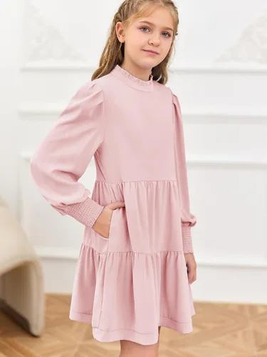 Vista 4 de Meikulo Vestidos de manga larga para niñas, cuello redondo con volantes, color liso, casual, acampanado, por debajo de la rodilla, 7-14 años