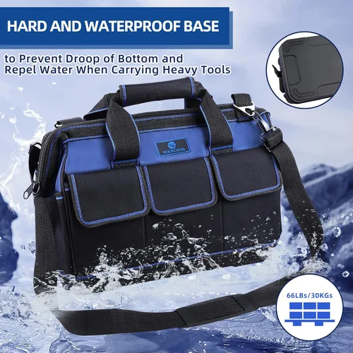 Vista 5 de Bolsa de herramientas de 16 pulgadas, organizador de herramientas multibolsillos con base de plástico impermeable, maletín resistente con correa