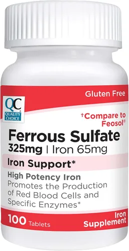 Vista 3 de Quality Choice Hierro 65 mg (325 mg de sulfato ferroso) Tabletas de suplemento de hierro de alta potencia en botellas de 100 unidades (paquete de 5)