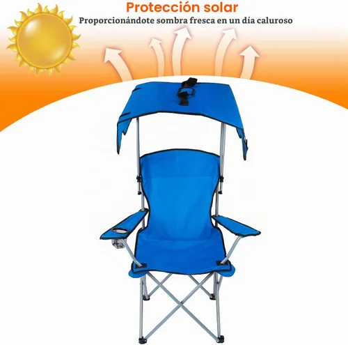 Vista 5 de TeqHome Silla de campamento con toldo de sombra, silla de césped plegable resistente con soporte para tazas, protección solar UPF 50+, silla de Azul