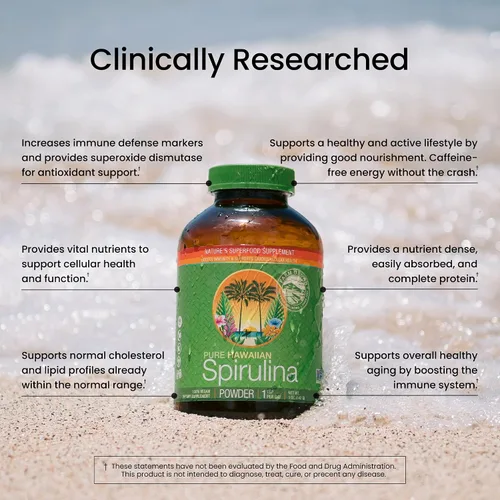Vista 4 de Nutrex Hawaii Polvo de espirulina hawaiana pura – Superalimento vegano, cultivado en granja en Kona, sin OGM, apoyo inmunológico y energía celular