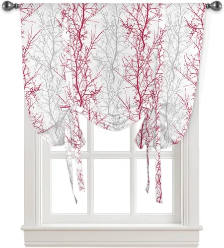 Vista 2 de Cenefa de amarre gris y rojo para cocina, sala de estar, cenefa de rama de árbol para ventanas, cenefa ajustable para ventana, bolsillo para barra