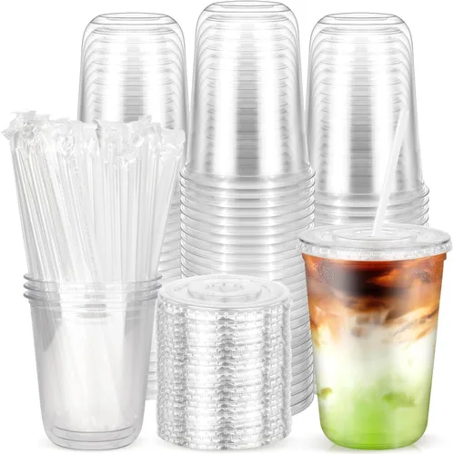 Vista 8 de 100 piezas de 12 onzas. Vasos desechables de plástico con tapas planas y popotes transparentes, vasos de fondo redondo para llevar café helado
