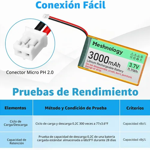 Vista 3 de 3.7V Lipo Batería 3000mAh 103665 Batería recargable de polímero de litio con cable de cargador USB PH2.0 Conector Circuito de protección integrado
