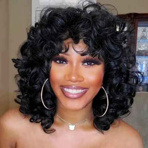 Vista 7 de Pelucas rizadas marrones para mujeres negras, peluca rizada afro suave con flequillo, suelta, bonita, rizada, resistente al calor, aspecto natural