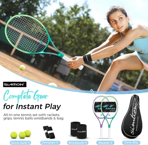 Vista 2 de Juego de raquetas de tenis de 27 pulgadas, raquetas de tenis preencordadas para 2 jugadores para adultos, 2 cintas de sobreagarre, 3 pelotas, 2