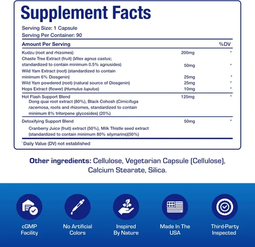 Vista 4 de Suplemento para la menopausia de fitoestrógenos para mujeres, fórmula clínica con Dong Quai Vitex y Cohosh negro para la menopausia, sofocos