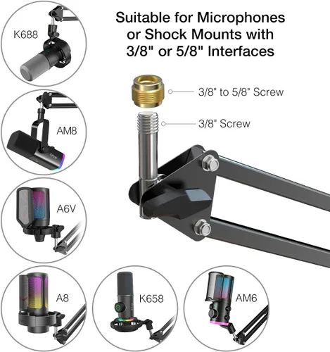 Vista 3 de Soporte de brazo para micrófono FIFINE; soporte de brazo de tijera con suspensión, con abrazadera de gran resistencia, adaptador de 3/8 a 5/8