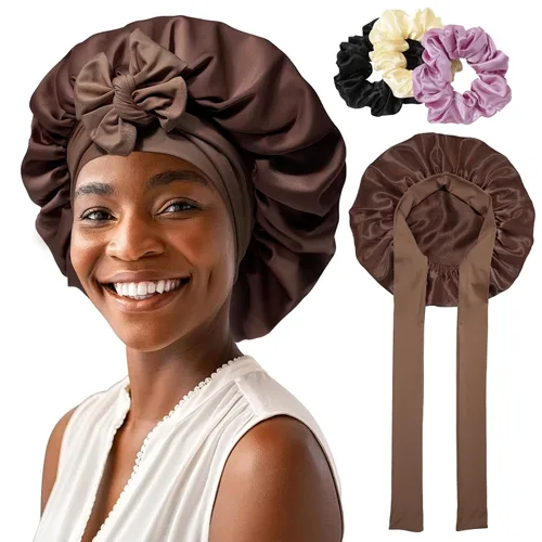 Vista 21 de Gorro de satén para mujer, con banda de amarre para el cabello, para dormir, grande de 2 capas, gorro de dormir de seda para dormir con 3 coleteros