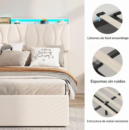 Vista 5 de Fameill Marco de Cama Twin con Almacenamiento Elevable, Cabecera Ajustable, Estación de Carga, Luces LED, Listones de Madera, Sin Ruido, No Requiere