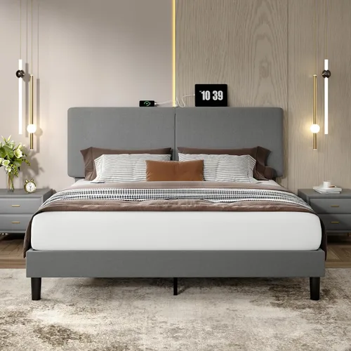 Vista 11 de VECELO Marco de cama tamaño individual tapizado, plataforma con cabecero de algodón y lino ajustable en altura, listones de madera de alta