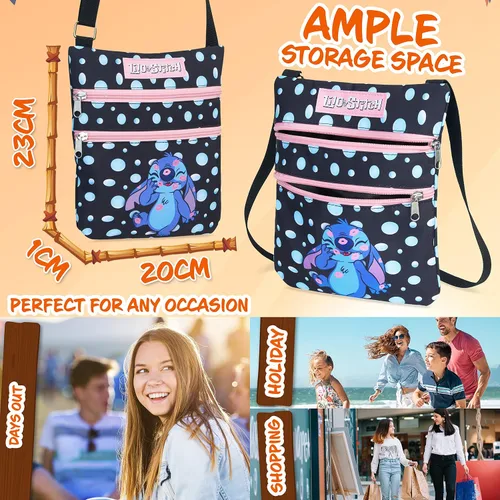 Vista 4 de Bolsos cruzados Disney Stitch para mujeres, adolescentes y niñas, bolso tipo bandolera para compras, vacaciones, regalos para ella Negro