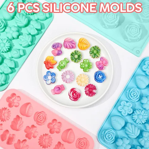 Vista 3 de Moldes de silicona para dulces de flores, paquete de 6 moldes de margarita, chocolate, rosa, tulipán, flores, moño, hoja, gelatina, pudín, galleta