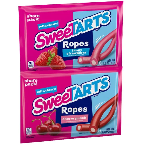 Vista 6 de Sweetzo Sweet Tarts Cuerdas suaves y masticables, caramelos con sabor a cereza y fresa picante, surtido de caramelos de gomitas, paquete de 2, 3.5