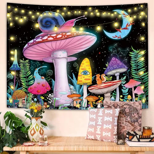 Vista 4 de ZYLLGLOW Tapiz de hongos trippy, tapiz de luna y estrellas, tapiz rosa de caracol, tapiz de plantas y hojas de fantasía, tapices de ojos trippy