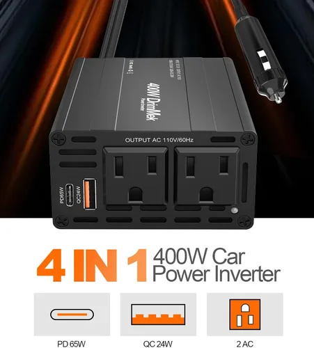 Vista 2 de 400 W Inversor de corriente para automóvil - Adaptador de enchufe de toma doble CC 12 V a 110 V CA, puerto USB C de carga rápida 65 W y 24 W