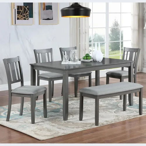Vista 19 de LUMISOL - Juego de mesa de comedor de madera maciza con 4 sillas tapizadas y banco para cocina, comedor, sala de estar, gris plateado