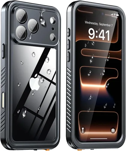 Vista 10 de ANTSHARE Funda impermeable IP68 para iPhone 16, negro/transparente Lente incorporada/protector de pantalla, protección militar contra caídas, funda