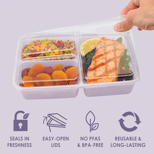 Vista 4 de Bentgo Prep - 20 piezas de contenedores reutilizables de 3 compartimentos para preparar comidas con tapas, materiales libres de PFAS y BPA