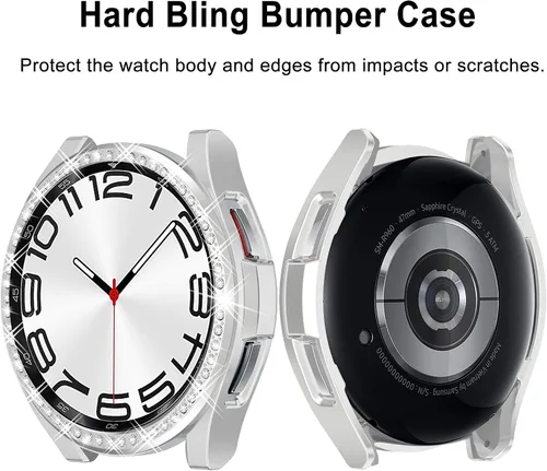 Vista 4 de Funda de reloj 2 en 1 para Samsung Galaxy Watch 6 Classic de 1.850 in (SM-R960), cubierta protectora de policarbonato con anillo bisel de diamantes