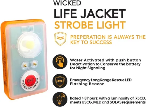 Vista 3 de WICKED Luz estroboscópica LED de chaleco salvavidas para supervivencia de emergencia al aire libre; haz de alta intensidad activado por agua