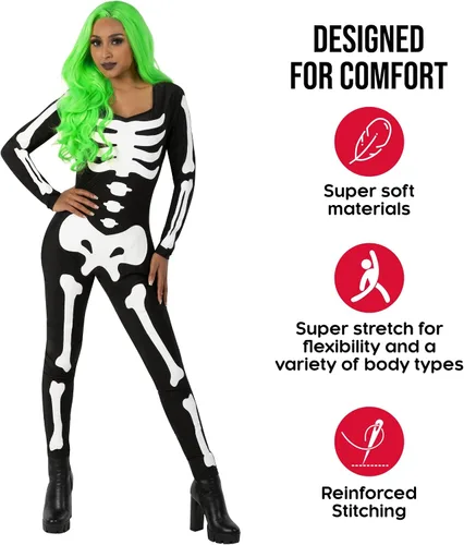 Vista 2 de Morph Disfraz de esqueleto que brilla en la oscuridad para mujer, disfraz de esqueleto de Halloween, body de esqueleto para mujer
