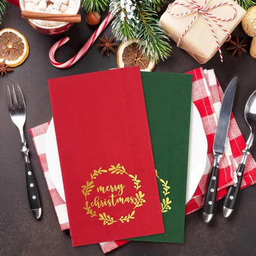 Vista 6 de Whaline Servilletas de Navidad para invitados con corona de papel de aluminio dorado, servilletas desechables de 3 capas, servilletas de baño
