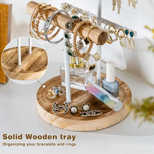 Vista 3 de Becko - Soporte de joyería de 4 niveles, organizador de platos para aretes, soporte para árbol de joyería, con bandeja para anillos de paulownia