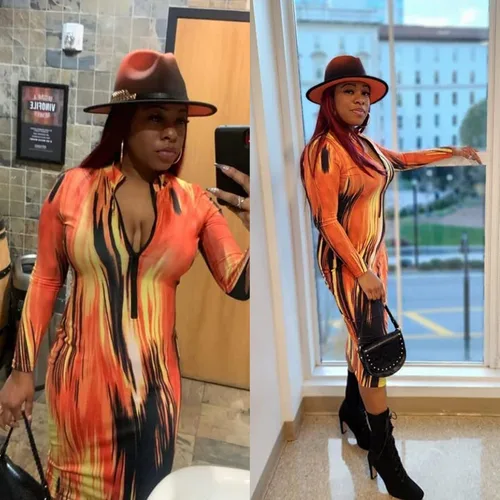 Vista 3 de Body Con Dress Women Long Sleeve Zipper Sexy V Neck Tie Dye Fall Bodycon Midi Stretchy Pencil Date Night Dresses for Women