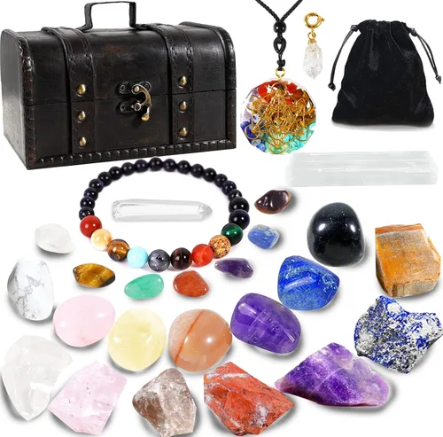 Vista 12 de Juego de 14 piedras de cristal curativo para chakras, con caja de madera de regalo para principiantes, meditación, reiki, yoga, colección