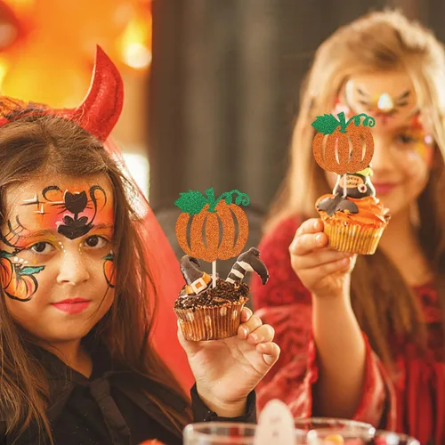 Vista 6 de 24 piezas de decoración de calabaza para cupcakes con purpurina temática de otoño, decoración de pasteles con temática de calabaza, cumpleaños