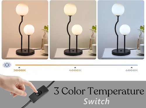 Vista 6 de Lámpara de mesa de globo negro de mediados de siglo industrial retro con 2 luces orbiculares de escritorio con globo de vidrio blanco para mesita