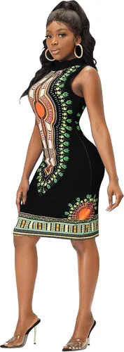 Vista 2 de Vestidos africanos para mujer, estilo bohemio, dashiki, tribal, vintage, étnico, midi Negro