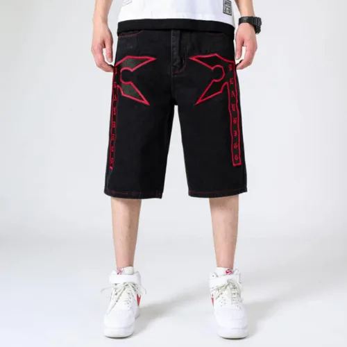 Vista 2 de HZCX FASHION Pantalones cortos de mezclilla largos bordados de talla grande para hombre, debajo de la rodilla, pantalones capri