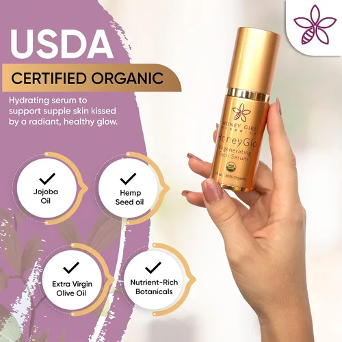 Vista 2 de Honey Girl Organics HoneyGlo - Suero facial regenerador, suero facial orgánico certificado por USDA para mujeres, suaviza e hidrata la piel