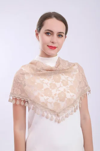 Vista 2 de Cilkus Velo de encaje Triángulo Mantilla velo Mantón o Bufanda Latina Masa Cabeza Cubierta con Flecos Encaje
