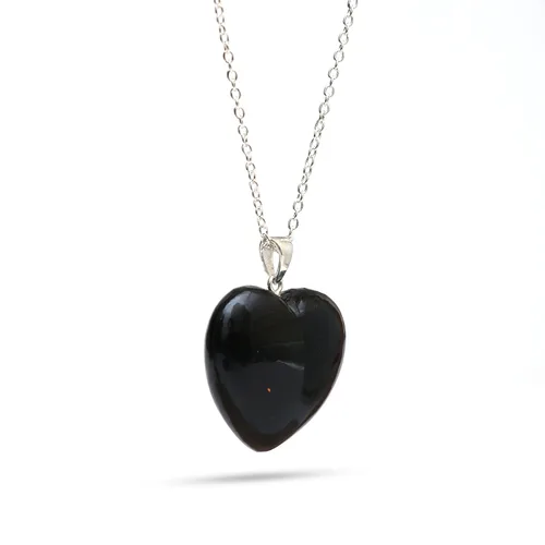 Vista 3 de Gempires Natural Black Obsidian Heart Crystals Pendant Necklace, Silver Plated 18 + 2 Inch Adjustable Chain (Black Obsidian)
