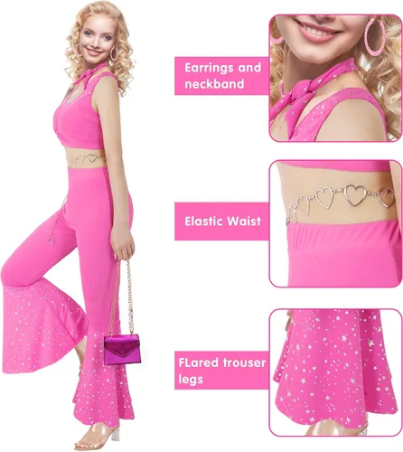 Vista 2 de Soyezletop Disfraz de vaquera de los años 70 y 80, disfraz de discoteca hippie para Halloween, cosplay, pantalones acampanados rosa para mujer