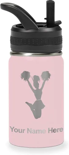 Vista 78 de LaserGram Botella de agua con tapa abatible de doble pared de 12 onzas con pajita, animadora, grabado personalizado incluido (negro)