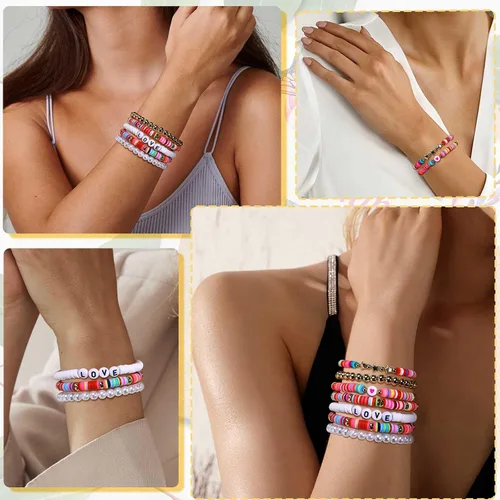 Vista 3 de Pulsera elástica de cuentas Surfer para mujer, juego de cuentas coloridas ajustables, pulseras Y2K con dije de corazón y estrella, para verano
