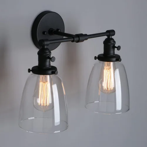 Vista 8 de Phansthy Apliques de pared industriales retro de 2 luces, lámpara de tocador de baño, lámpara de pared con doble pantalla de vidrio transparente