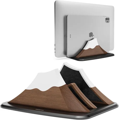 Vista 9 de AFOOYO Soporte vertical doble para laptop, soporte ajustable de madera en forma de pico de nieve, base de escritorio con 2 ranuras compatible