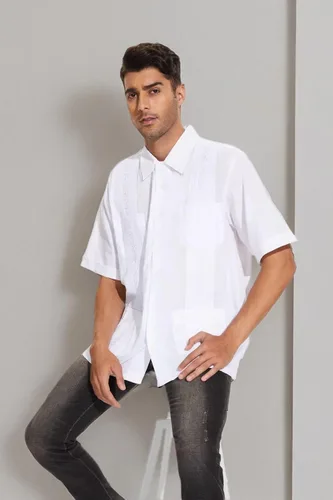 Vista 6 de MAXJON Camisas de guayabera para hombre, camisas cubanas de manga corta