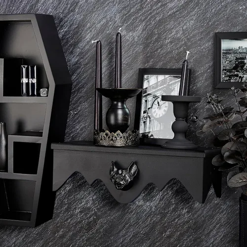 Vista 6 de Estantes flotantes de murciélago gótico, paquete de 2 unidades, color negro, espeluznante, estético oscuro, almacenamiento de pared, decoración