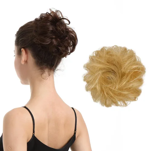 Vista 6 de BARSDAR Rubio dorado con reflejos, 2 piezas de cabello desordenado de moño + extensiones de moño de cabello humano real rubio