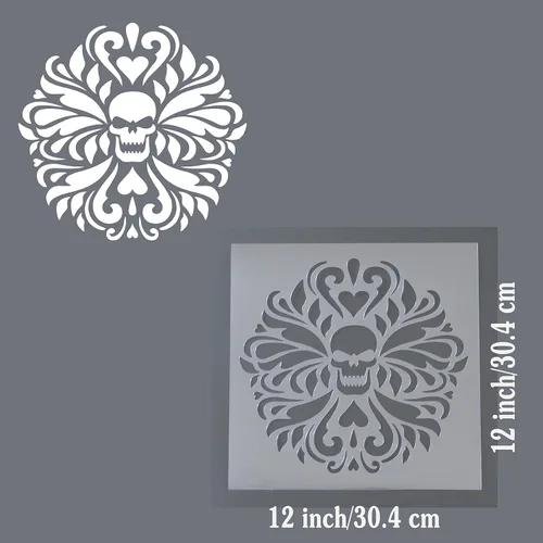 Vista 4 de Plantilla decorativa de damasco de calavera gótica floral de 12 x 12 pulgadas