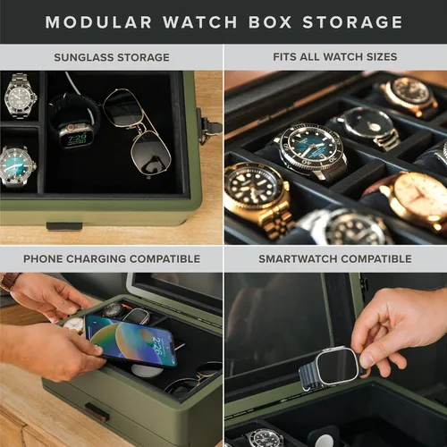 Vista 3 de CASE ELEGANCE Caja organizadora militar de 10 ranuras para reloj, para hombres, parte superior de cristal real, bandeja modular de valet, compatible